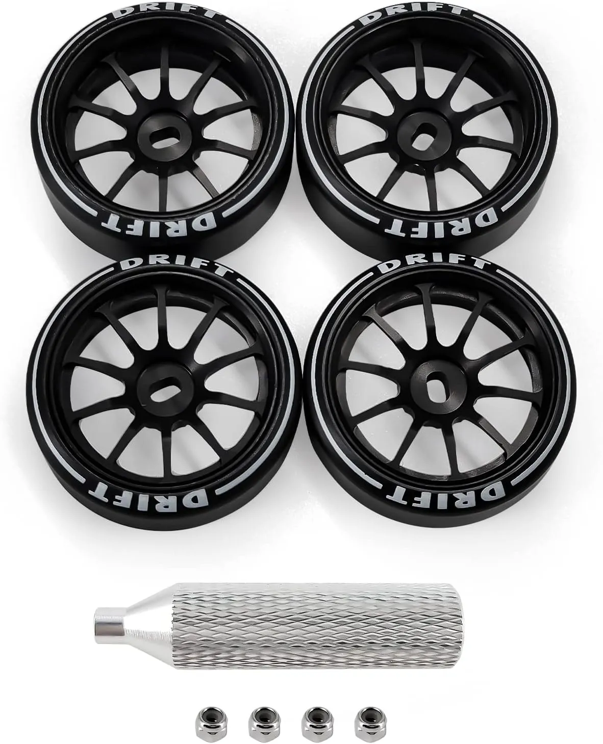 10 Spoke Rc Drift Wheels & Tires for 1/24 1/28 Wltoys, [2N 2W] 4 Pcs Aluminum Alloy Rims with Rc Drift Car Tires for 1/24 1/28 Mini-Q HGD1 HGV1 Upgrade Parts (Black with Logo Tires)