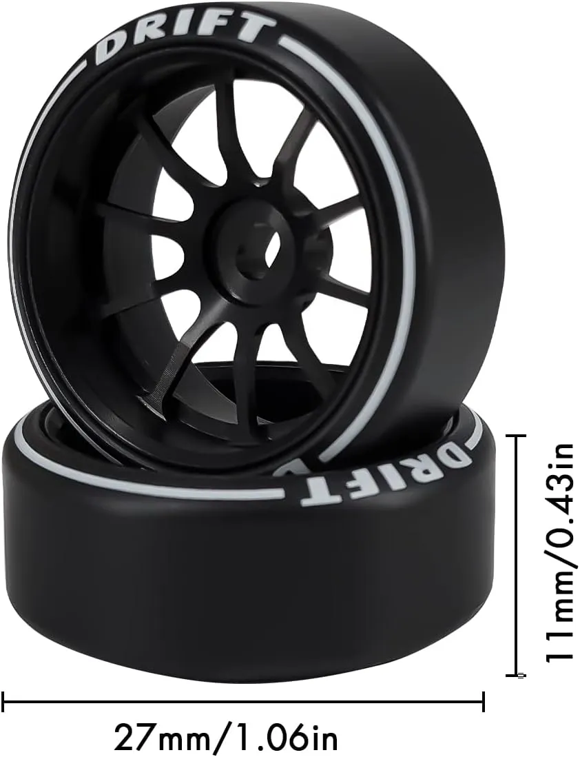 10 Spoke Rc Drift Wheels & Tires for 1/24 1/28 Wltoys, [2N 2W] 4 Pcs Aluminum Alloy Rims with Rc Drift Car Tires for 1/24 1/28 Mini-Q HGD1 HGV1 Upgrade Parts (Black with Logo Tires)