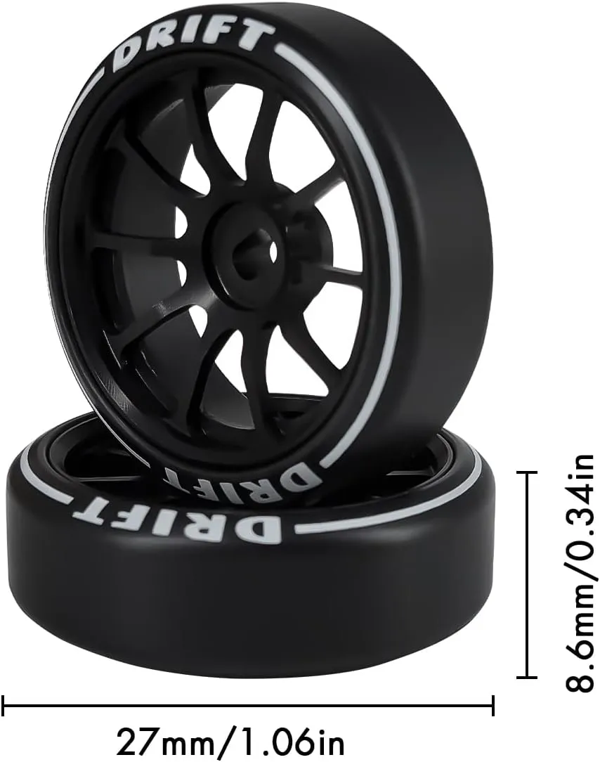 10 Spoke Rc Drift Wheels & Tires for 1/24 1/28 Wltoys, [2N 2W] 4 Pcs Aluminum Alloy Rims with Rc Drift Car Tires for 1/24 1/28 Mini-Q HGD1 HGV1 Upgrade Parts (Black with Logo Tires)