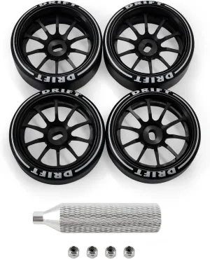 10 Spoke Rc Drift Wheels & Tires for 1/24 1/28 Wltoys, [2N 2W] 4 Pcs Aluminum Alloy Rims with Rc Drift Car Tires for 1/24 1/28 Mini-Q HGD1 HGV1 Upgrade Parts (Black with Logo Tires)