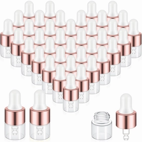 100 Pcs Mini Glass Oil Dropper Bottle Bulk, 1 ml Rose Gold Clear Essential Small Empty Bottles Sample Containers Perfume Liquid Vials with Cap for Traveling