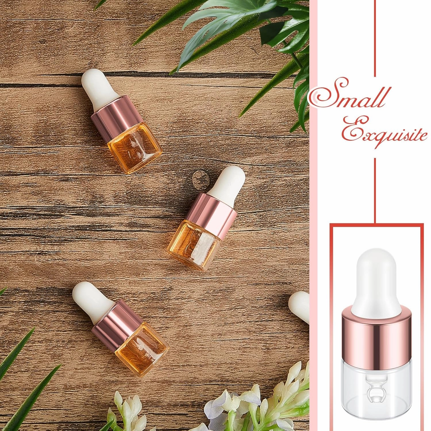 100 Pcs Mini Glass Oil Dropper Bottle Bulk, 1 ml Rose Gold Clear Essential Small Empty Bottles Sample Containers Perfume Liquid Vials with Cap for Traveling