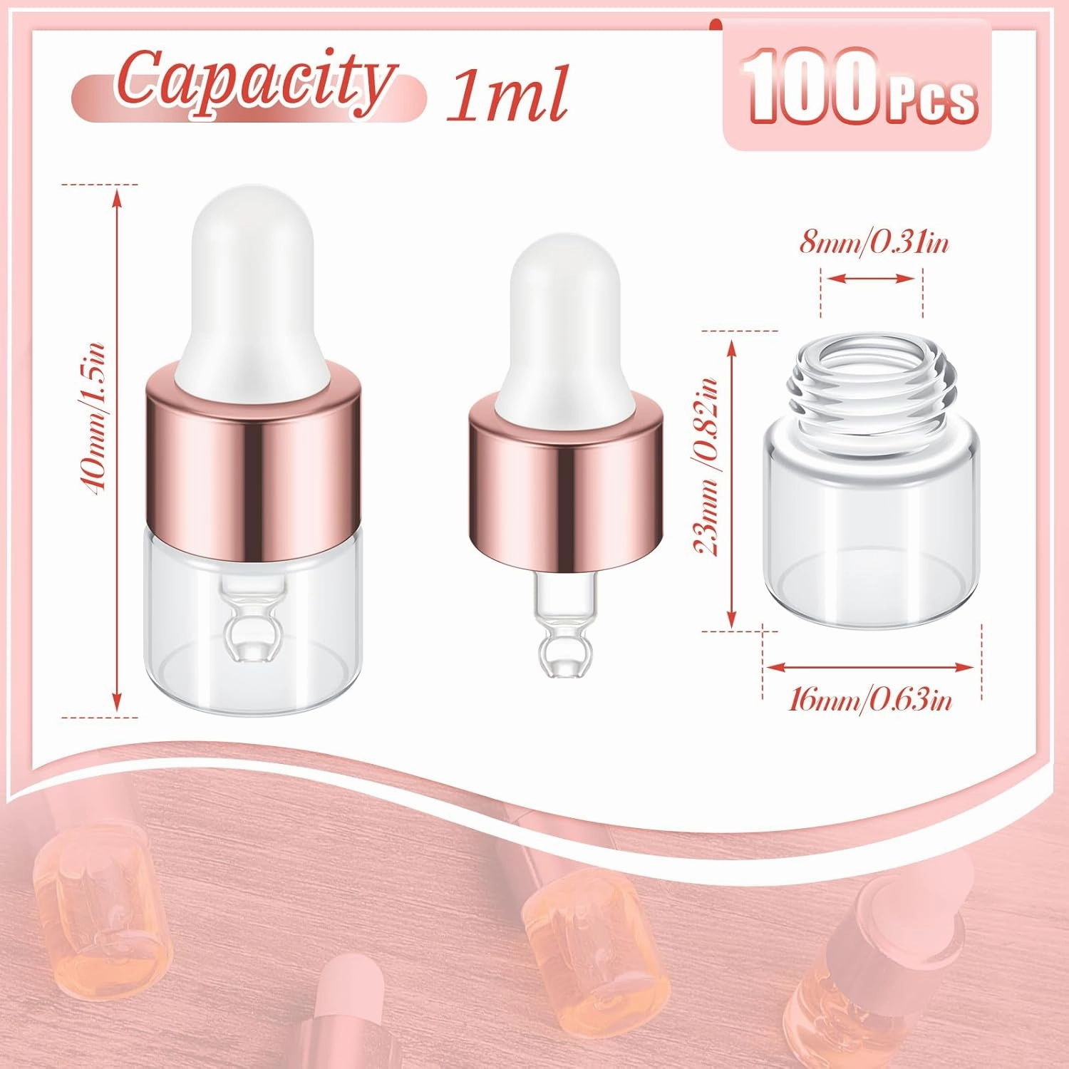 100 Pcs Mini Glass Oil Dropper Bottle Bulk, 1 ml Rose Gold Clear Essential Small Empty Bottles Sample Containers Perfume Liquid Vials with Cap for Traveling