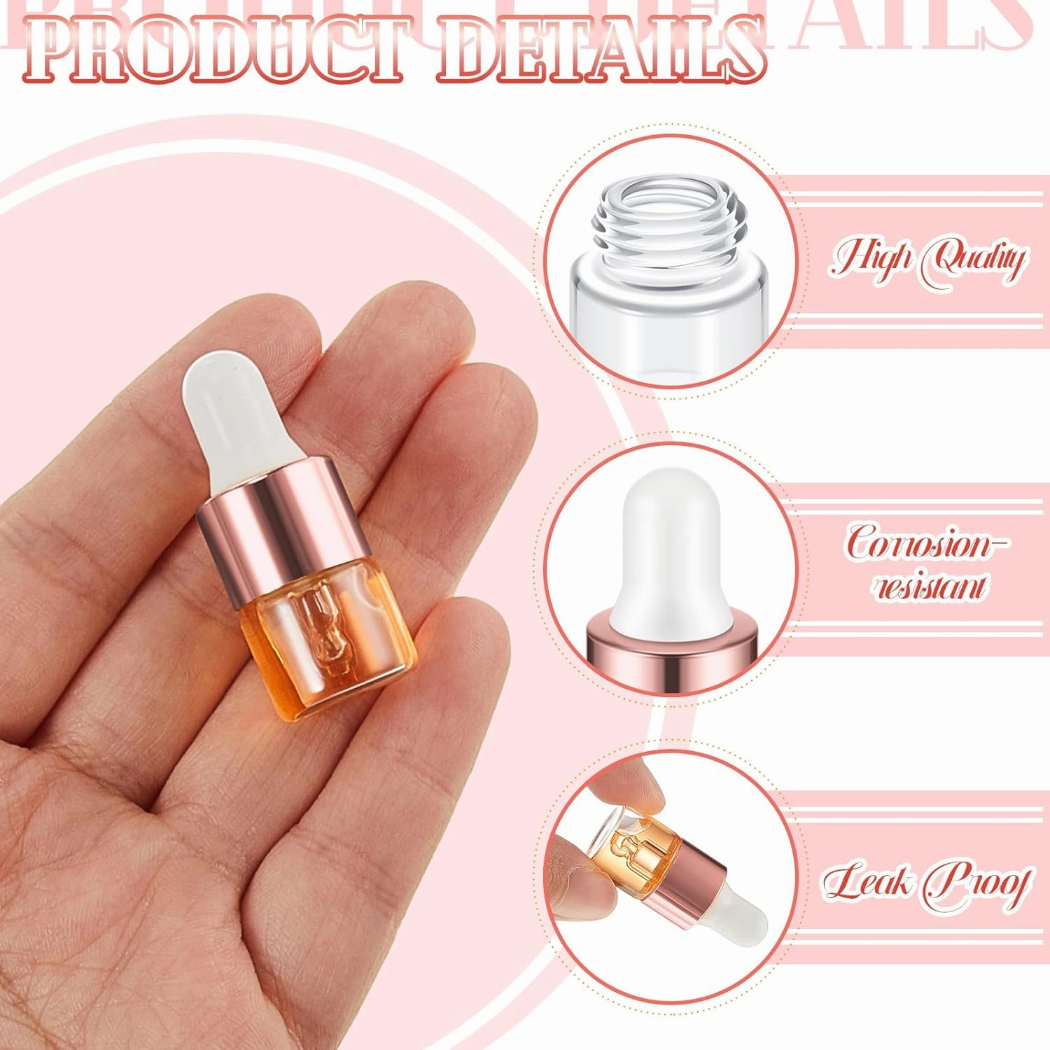 100 Pcs Mini Glass Oil Dropper Bottle Bulk, 1 ml Rose Gold Clear Essential Small Empty Bottles Sample Containers Perfume Liquid Vials with Cap for Traveling