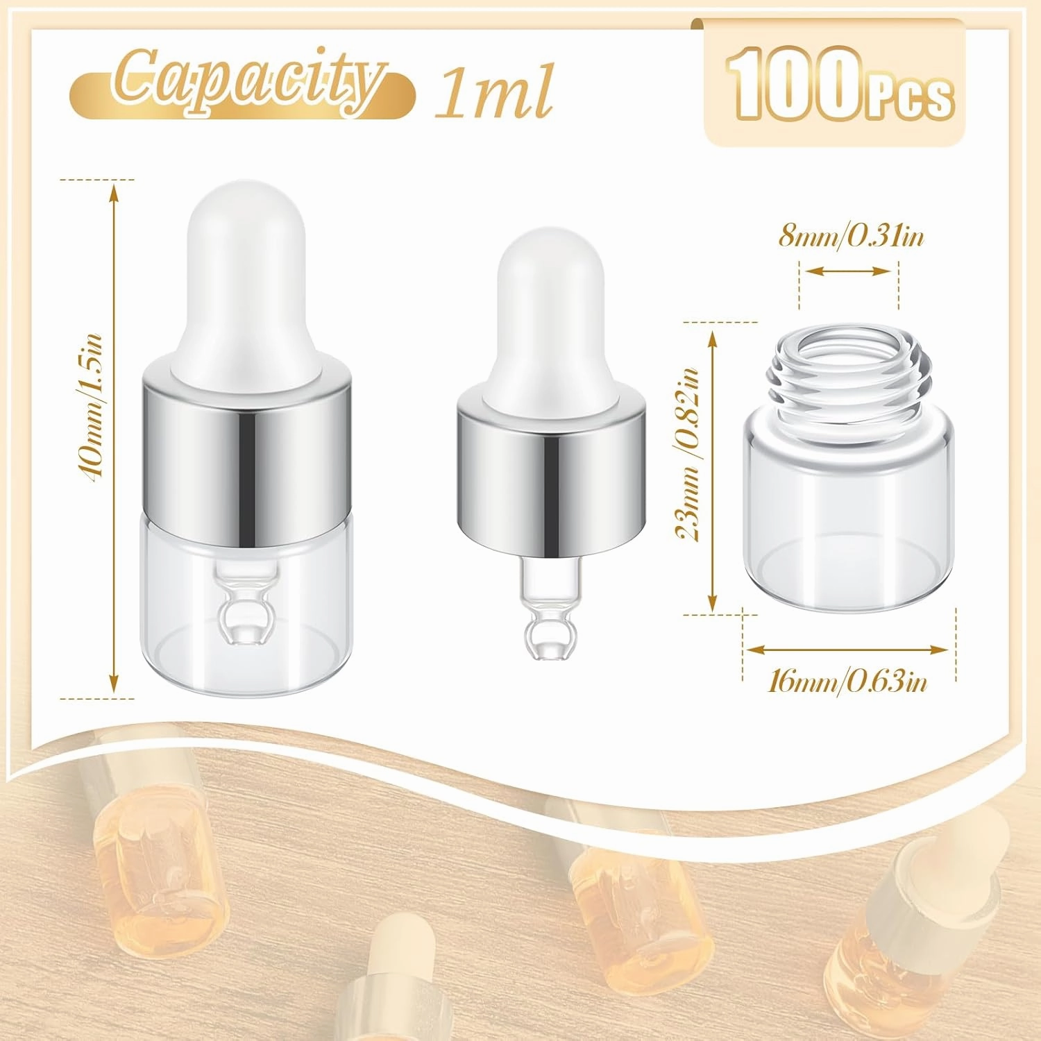 100 Pcs Mini Glass Oil Dropper Bottle Bulk, 1 ml Sliver Clear Essential Small Empty Bottles Sample Containers Perfume Liquid Vials with Cap for Traveling