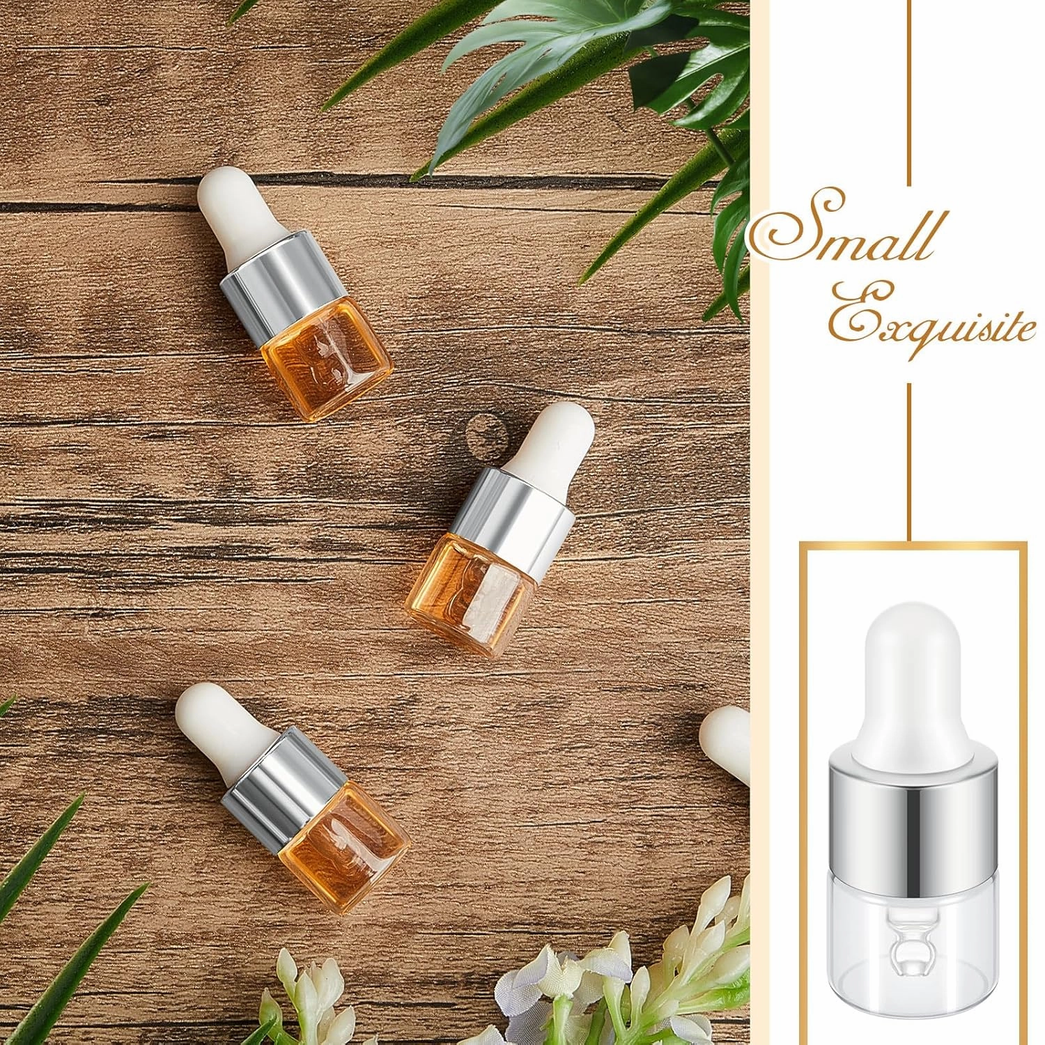 100 Pcs Mini Glass Oil Dropper Bottle Bulk, 1 ml Sliver Clear Essential Small Empty Bottles Sample Containers Perfume Liquid Vials with Cap for Traveling