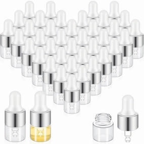 100 Pcs Mini Glass Oil Dropper Bottle Bulk, 1 ml Sliver Clear Essential Small Empty Bottles Sample Containers Perfume Liquid Vials with Cap for Traveling