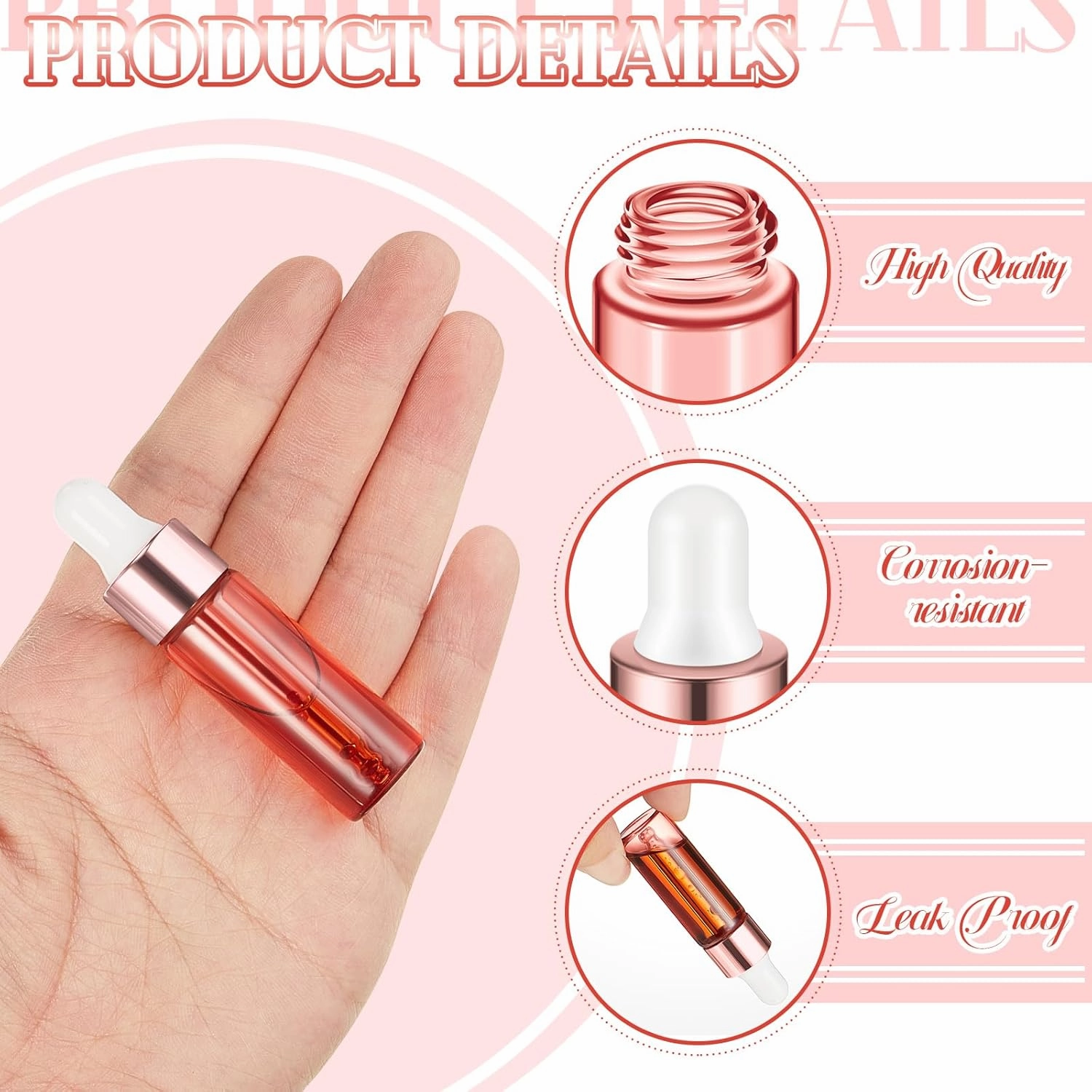 100 Pcs Mini Glass Oil Dropper Bottle Bulk, 5 ml Pink Body Clear Essential Small Empty Bottles Sample Containers Perfume Liquid Vials with Cap for Traveling