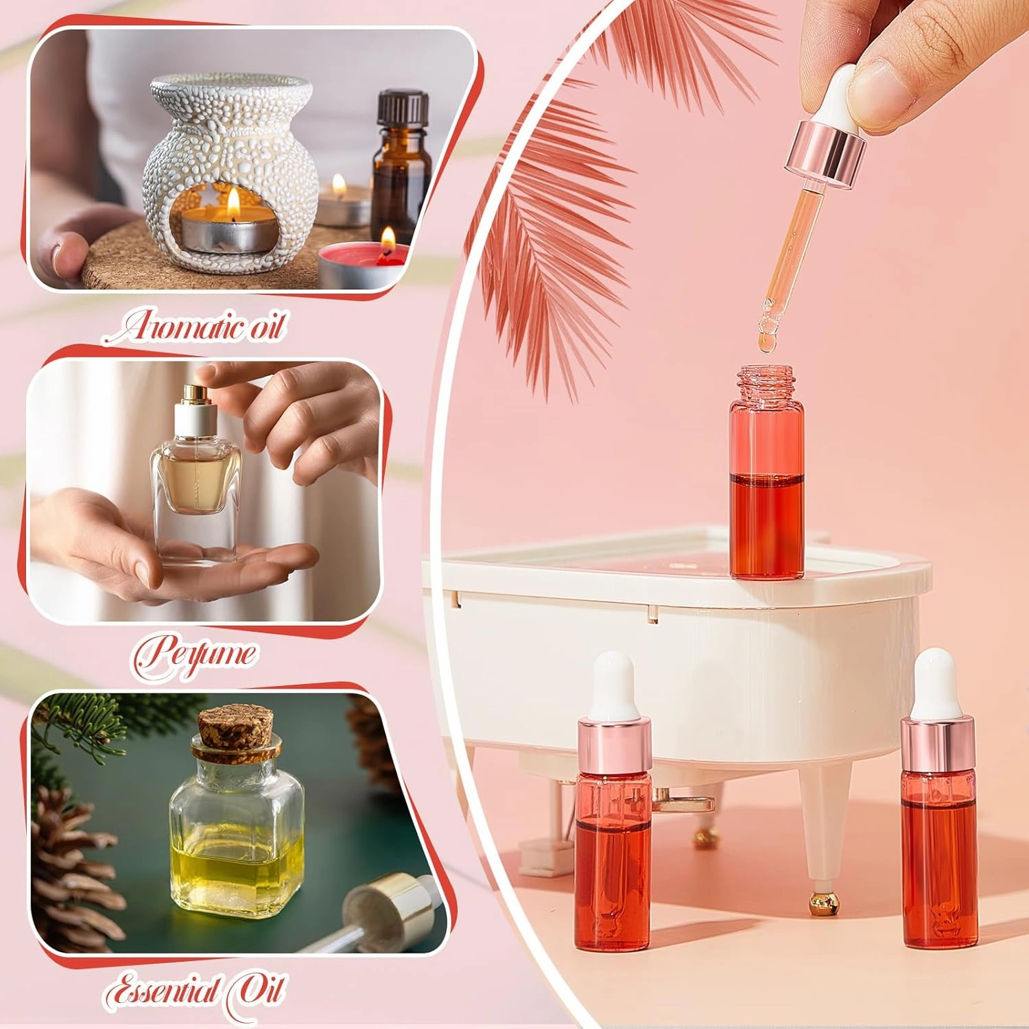 100 Pcs Mini Glass Oil Dropper Bottle Bulk, 5 ml Pink Body Clear Essential Small Empty Bottles Sample Containers Perfume Liquid Vials with Cap for Traveling