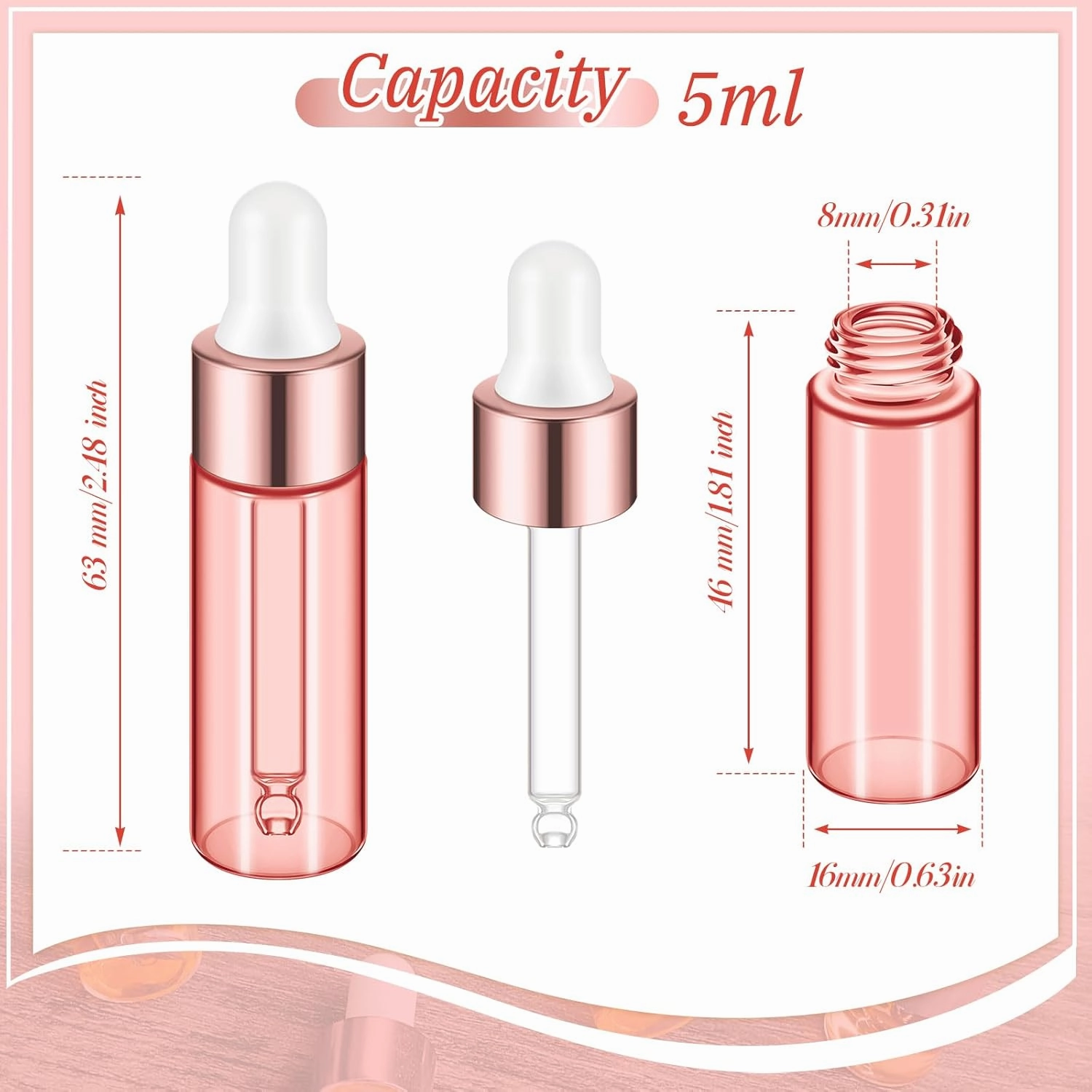 100 Pcs Mini Glass Oil Dropper Bottle Bulk, 5 ml Pink Body Clear Essential Small Empty Bottles Sample Containers Perfume Liquid Vials with Cap for Traveling