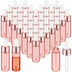 100 Pcs Mini Glass Oil Dropper Bottle Bulk, 5 ml Pink Body Clear Essential Small Empty Bottles Sample Containers Perfume Liquid Vials with Cap for Traveling