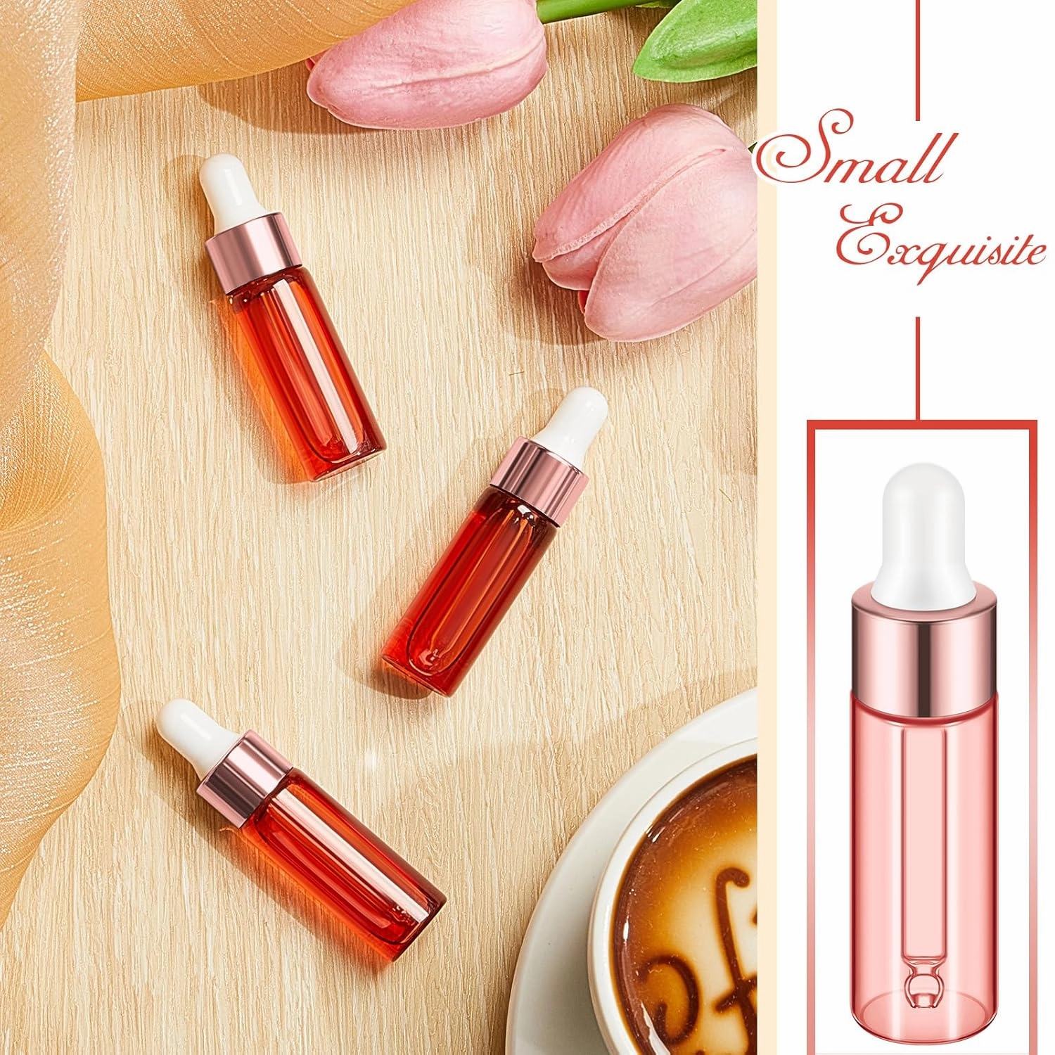 100 Pcs Mini Glass Oil Dropper Bottle Bulk, 5 ml Pink Body Clear Essential Small Empty Bottles Sample Containers Perfume Liquid Vials with Cap for Traveling