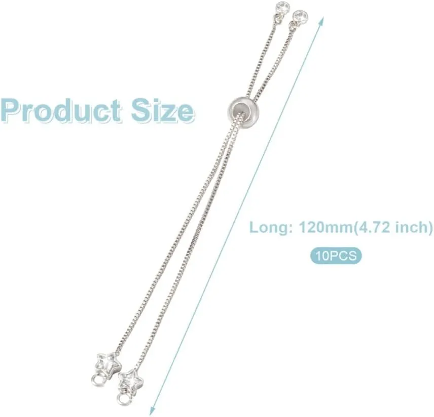 10pcs Platinum Brass Slider Bracelet Adjustable Slider Bracelet with Star Crystal Rhinestone Slider Extender Chains Bracelet for DIY Jewelry Making (12cm)