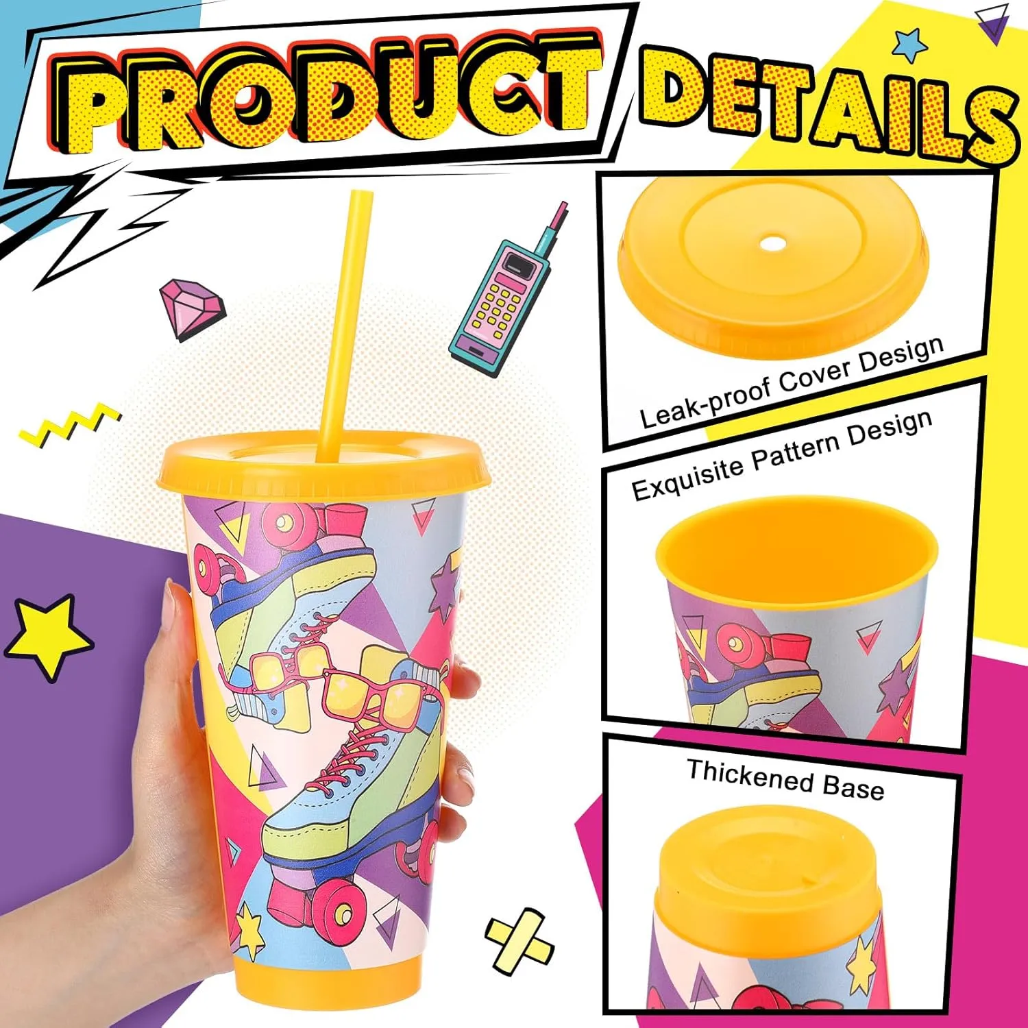 12 Pack Roller Skates Plastic Cups with Lids and Straws 24 oz Reusable Roller Skating Tumblers Water Bottles for Sports Theme Party Decoration Adults Birthday Supplies