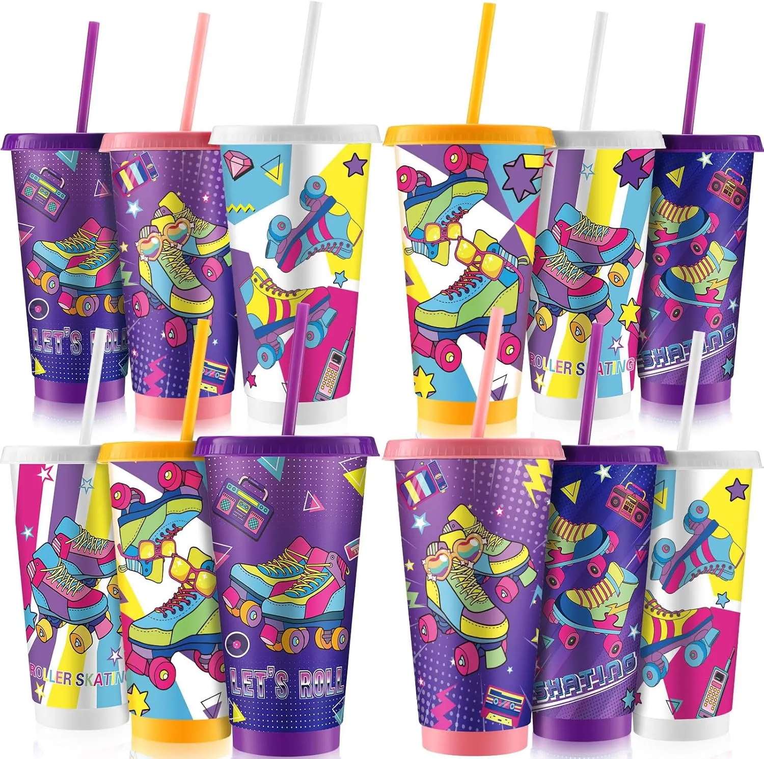 12 Pack Roller Skates Plastic Cups with Lids and Straws 24 oz Reusable Roller Skating Tumblers Water Bottles for Sports Theme Party Decoration Adults Birthday Supplies