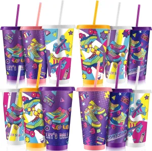 12 Pack Roller Skates Plastic Cups with Lids and Straws 24 oz Reusable Roller Skating Tumblers Water Bottles for Sports Theme Party Decoration Adults Birthday Supplies