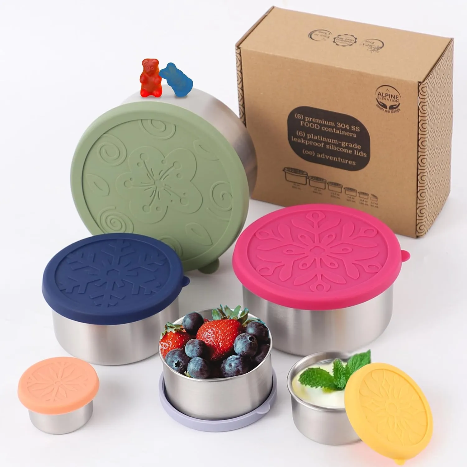 12 Pcs - 6 Stainless Steel Containers   6 Silicone Lids | 304 Stainless Steel Snack Container | Nesting Snack and Dip Containers | Metal Food Storage