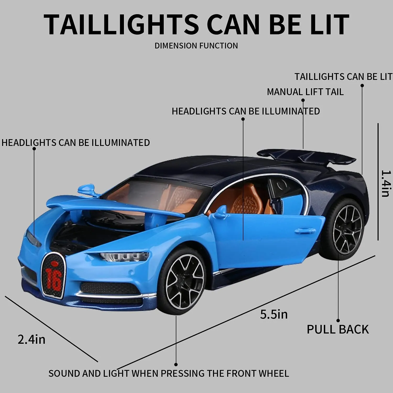 1:32 Bugatti Chiron zinc Alloy Pull Back Car Diecast Electronic Toys with Lights and Music,Decorative,Mini Vehicles Toys for Kids,Boyfriend,Young Peoples Gift（Blue）