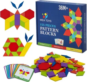 155 Pcs Wooden Pattern Blocks with 24 Design Cards – 3 to 8 Years Kids Toys, Thick Multicolored Tangrams - Geometric Shape Puzzles for Kindergarten Kids Learning