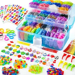 17500  Rubber Loom Bands with 3 Layer Blue Container, 28 Colors, 600 S-Clips, 352 Beads, 40 Cartoon Pendant, Bracelet Making Refill Kit for Kids