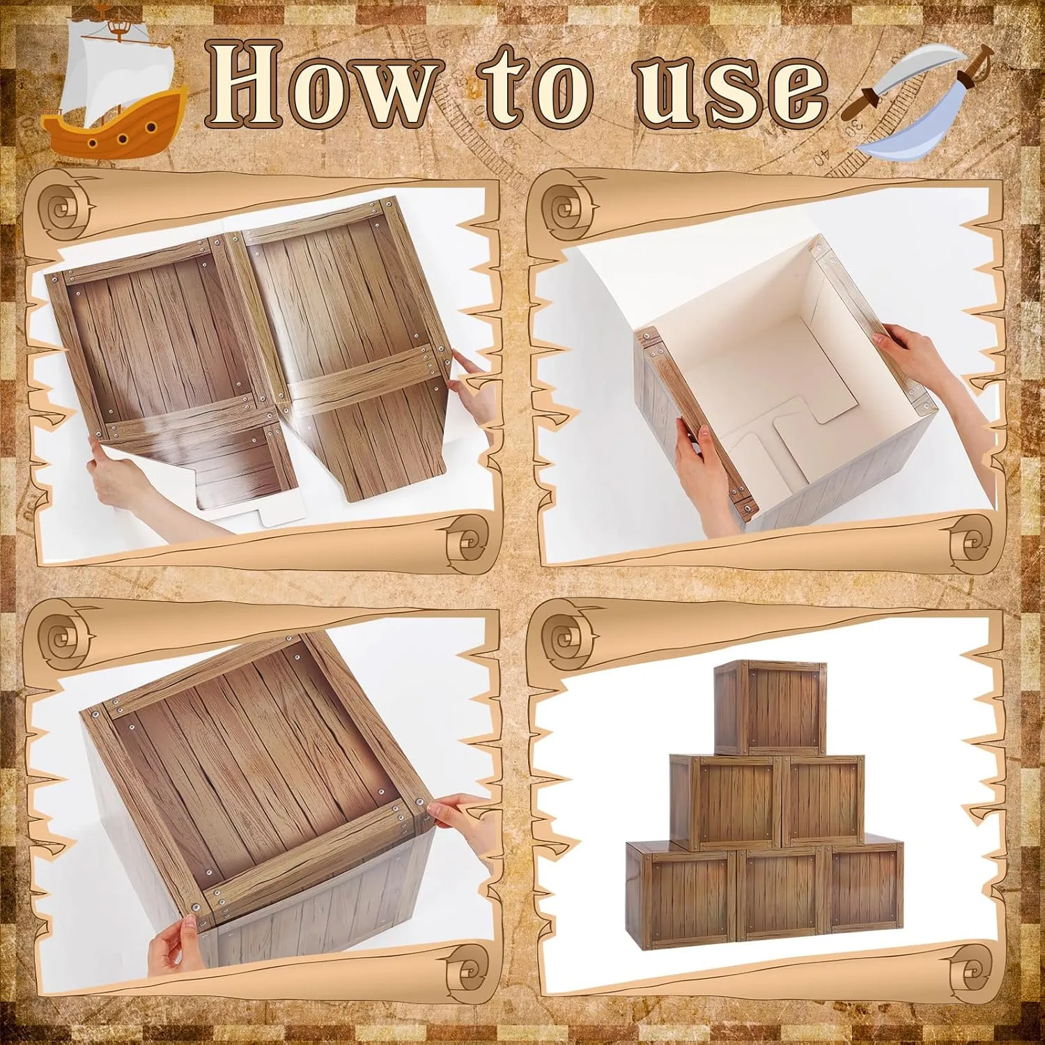 18 Pcs Pirate Party Decorations Imitation Wooden Box Fishing Net Car Trunk or Treat Decor Ocean or Pirate Party Favors Adventure Birthday Photo Booth Props(Wood)