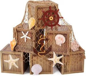 18 Pcs Pirate Party Decorations Imitation Wooden Box Fishing Net Car Trunk or Treat Decor Ocean or Pirate Party Favors Adventure Birthday Photo Booth Props(Wood)