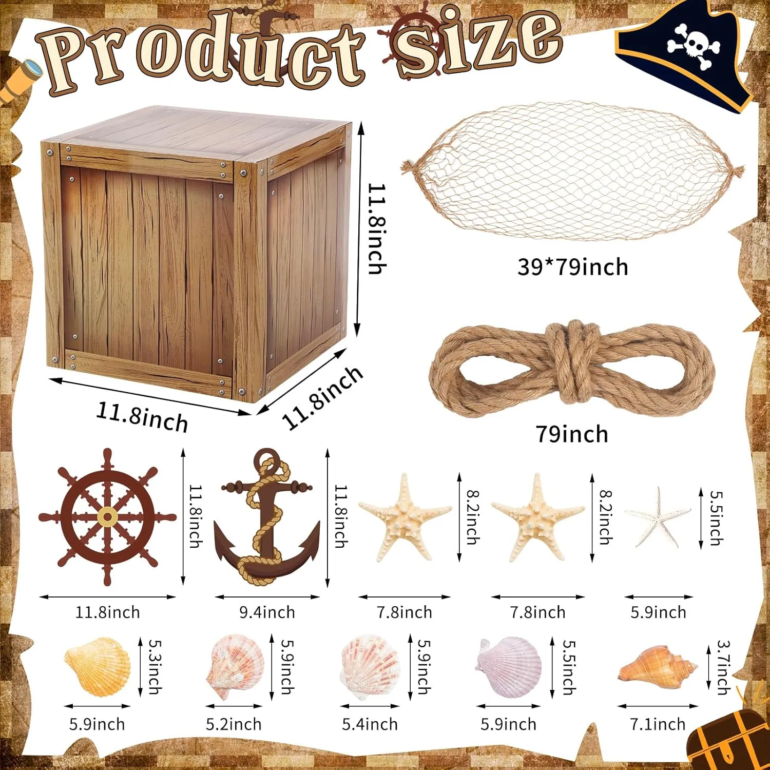 18 Pcs Pirate Party Decorations Imitation Wooden Box Fishing Net Car Trunk or Treat Decor Ocean or Pirate Party Favors Adventure Birthday Photo Booth Props(Wood)