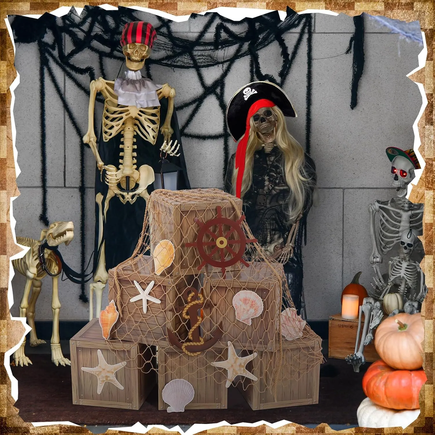 18 Pcs Pirate Party Decorations Imitation Wooden Box Fishing Net Car Trunk or Treat Decor Ocean or Pirate Party Favors Adventure Birthday Photo Booth Props(Wood)