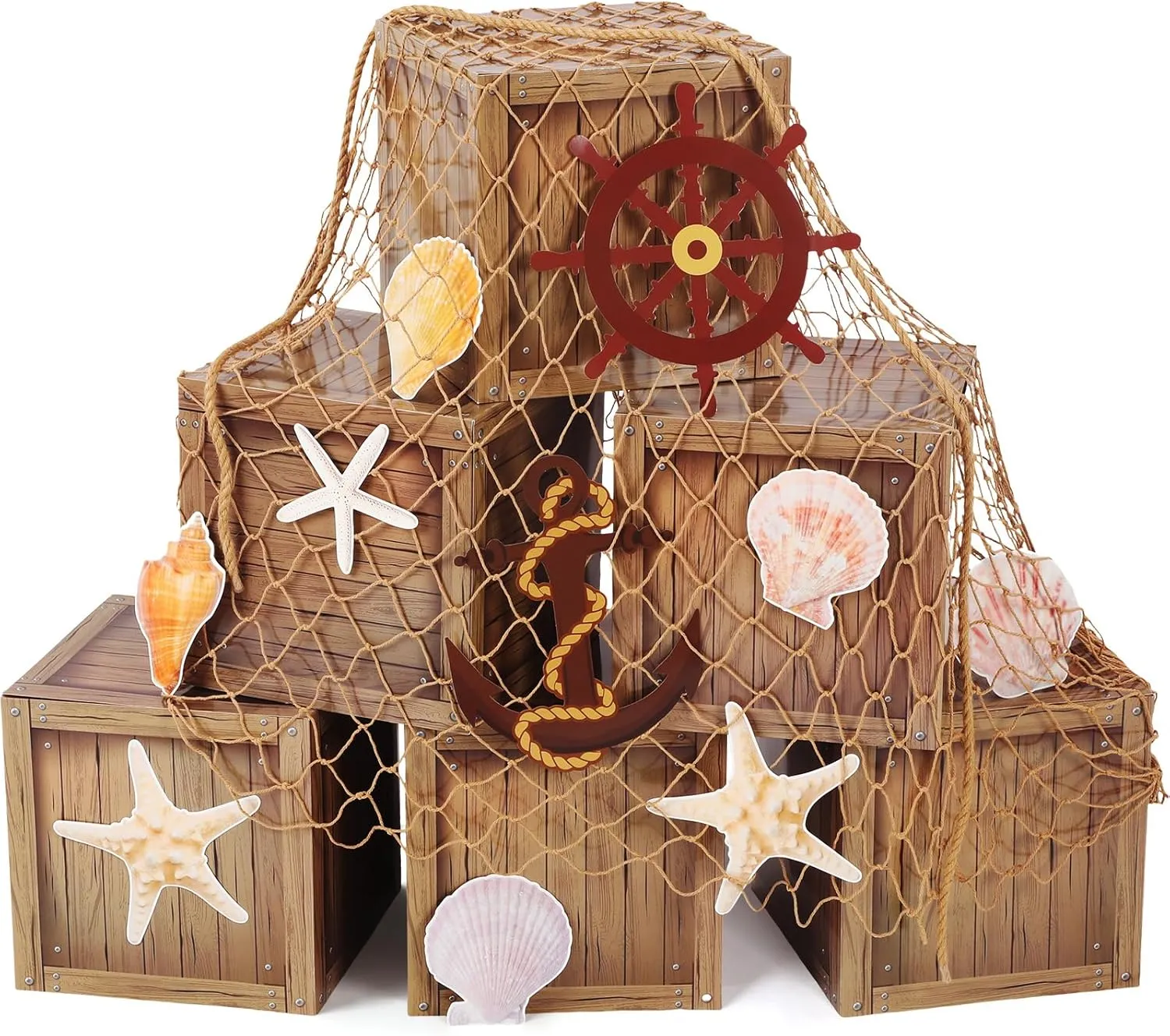 18 Pcs Pirate Party Decorations Imitation Wooden Box Fishing Net Car Trunk or Treat Decor Ocean or Pirate Party Favors Adventure Birthday Photo Booth Props(Wood)