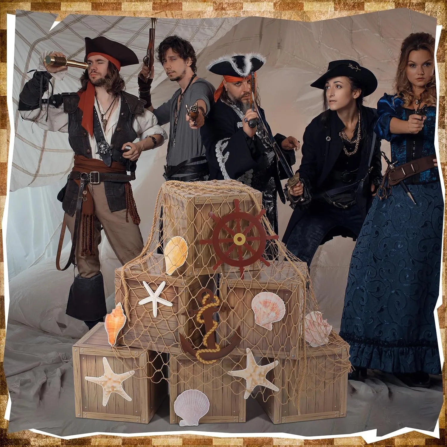 18 Pcs Pirate Party Decorations Imitation Wooden Box Fishing Net Car Trunk or Treat Decor Ocean or Pirate Party Favors Adventure Birthday Photo Booth Props(Wood)