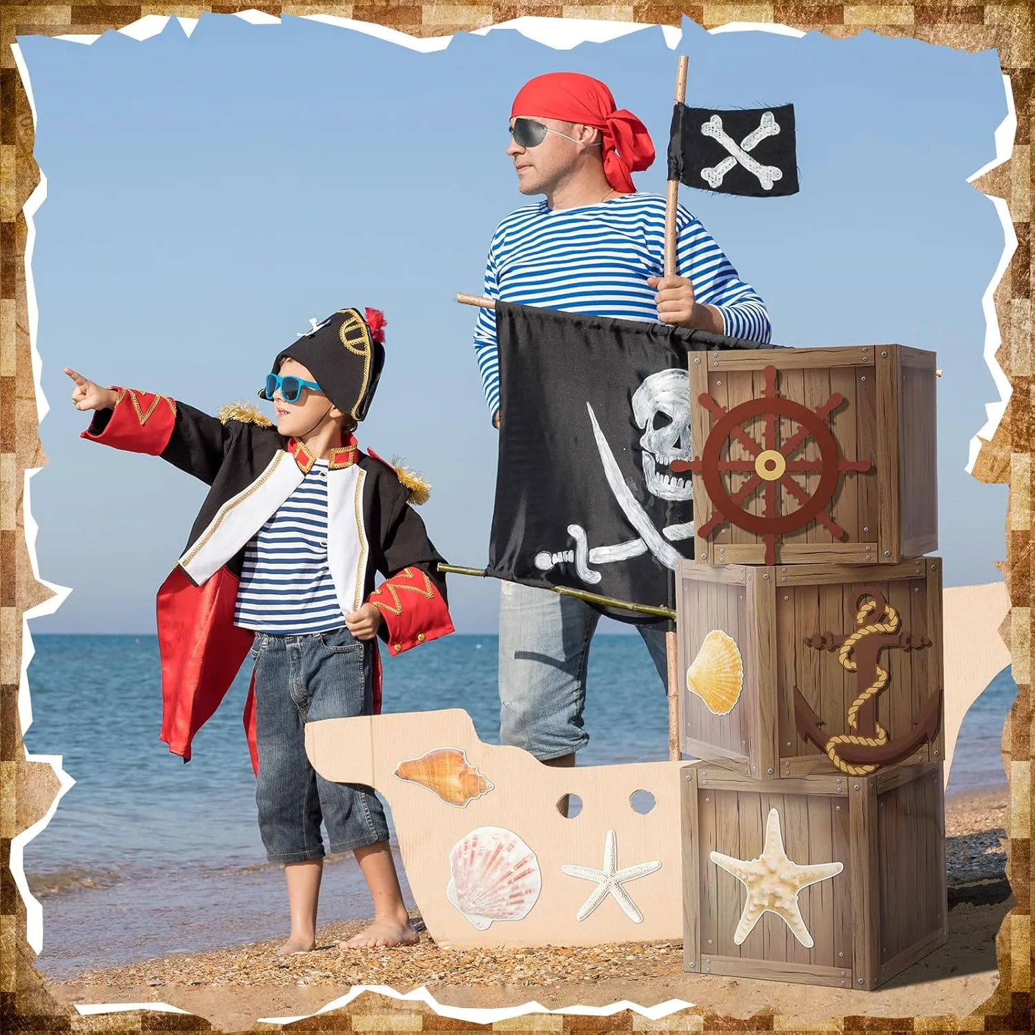 18 Pcs Pirate Party Decorations Imitation Wooden Box Fishing Net Car Trunk or Treat Decor Ocean or Pirate Party Favors Adventure Birthday Photo Booth Props(Wood)