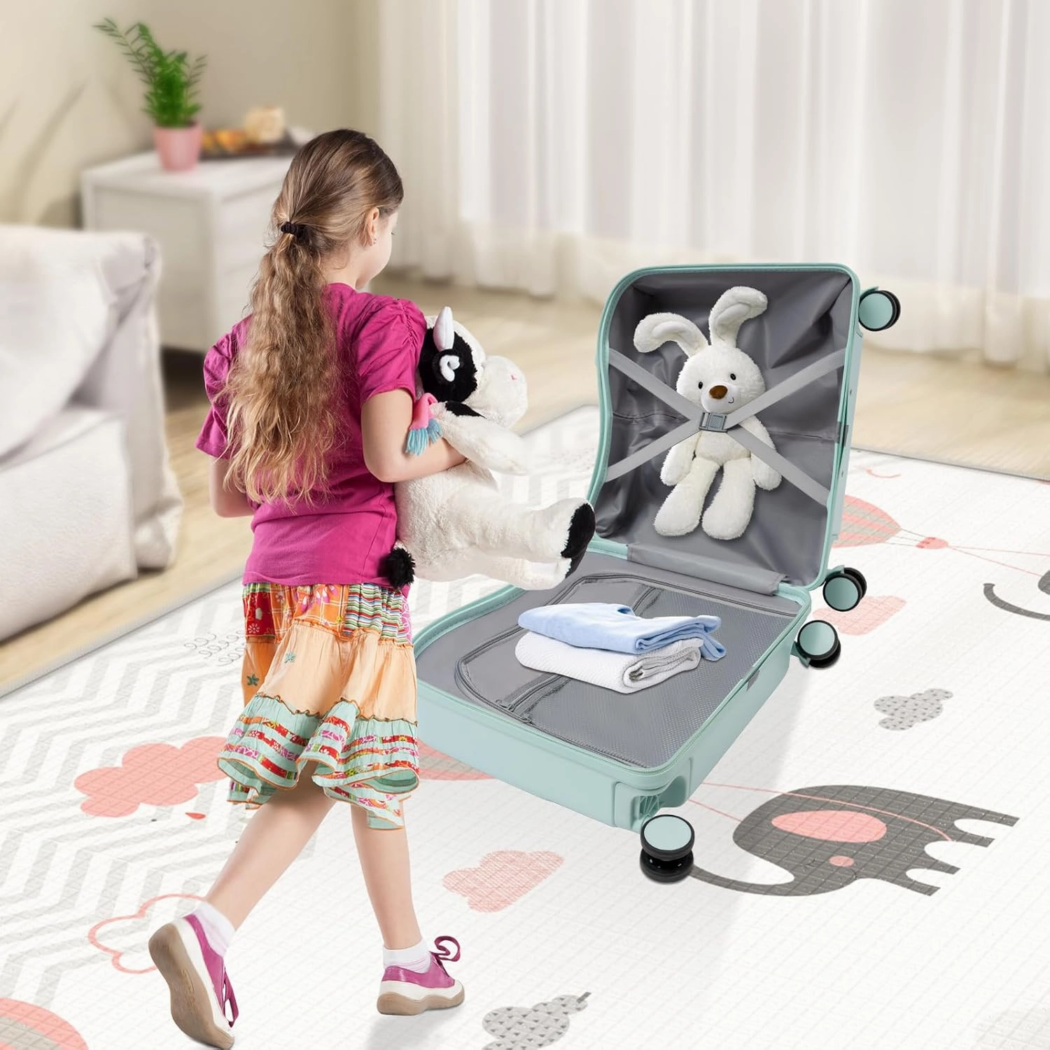 18" Kids Carry On Luggage, Ride-On Kids' Suitcase with Double Spinner Wheels, Cute Lightweight Tow-Along Luggage with Password Lock, Children's Trolly Case for Travel Study Tours (Mint Green)