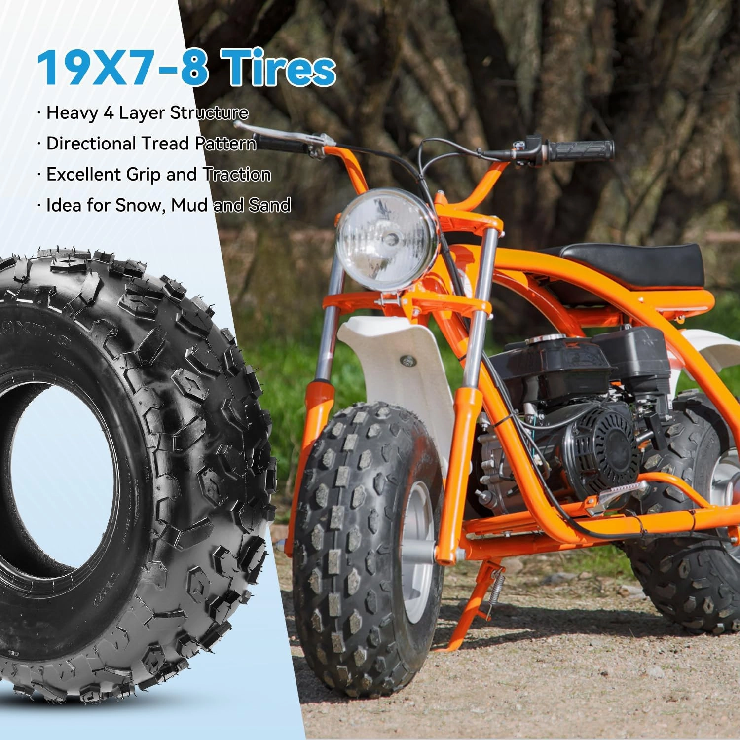 19x7-8 Mini Bike Tires Tubeless Replacement for Coleman CT200U BT200X CT200U-EX Baja Warrior MB200 Axis M200 Coolster 110cc 125cc ATV Quad 4 Wheeler UTV Go Kart Off-Road Parts PVR70 Valve Stem