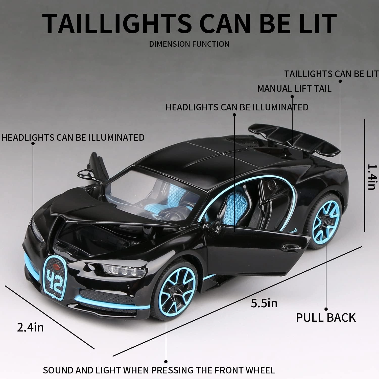 1:32 Bugatti Chiron zinc Alloy Pull Back Car Diecast Electronic Toys with Lights and Music,Decorative,Mini Vehicles Toys for Kids,Boyfriend,Young Peoples Gift（Black）
