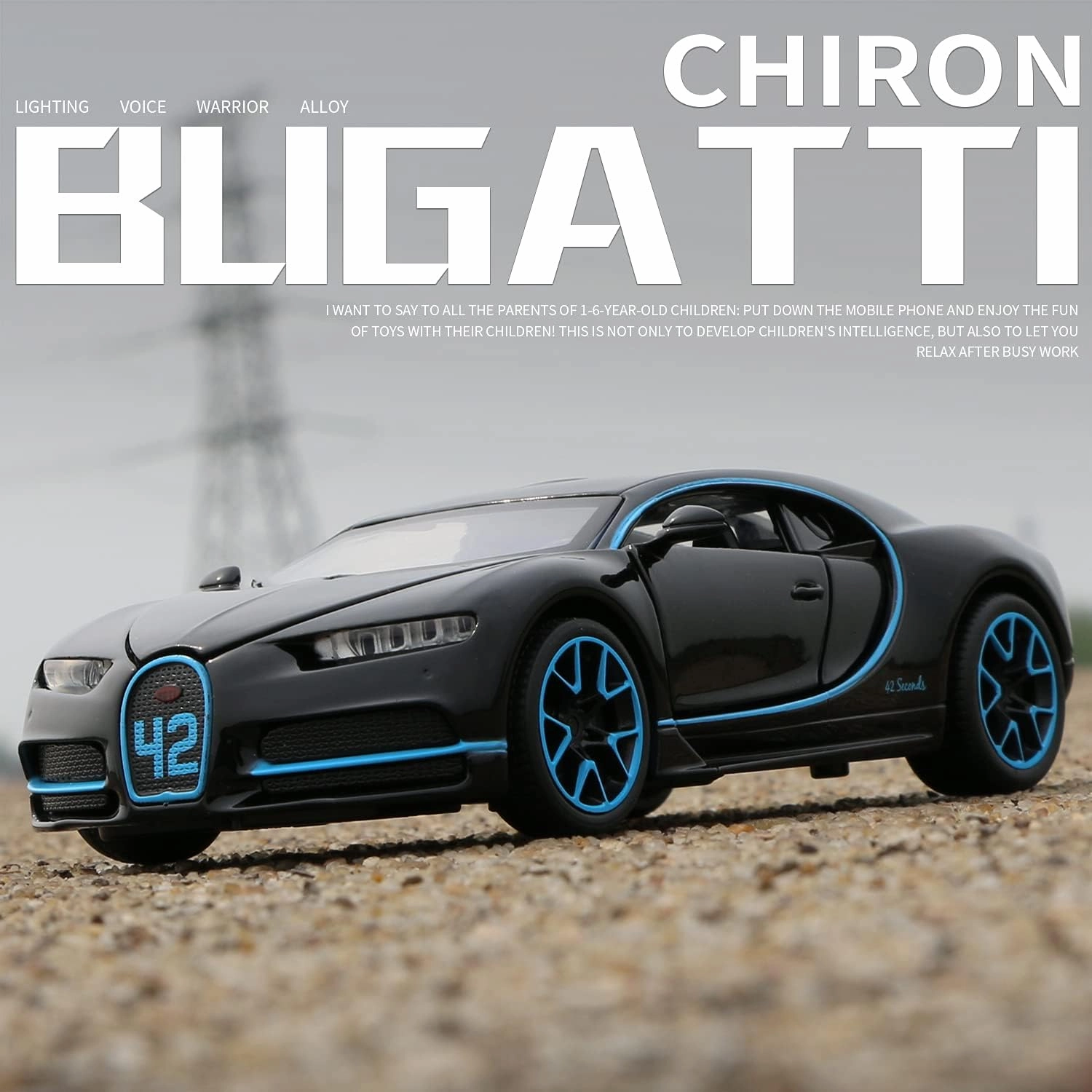 1:32 Bugatti Chiron zinc Alloy Pull Back Car Diecast Electronic Toys with Lights and Music,Decorative,Mini Vehicles Toys for Kids,Boyfriend,Young Peoples Gift（Black）