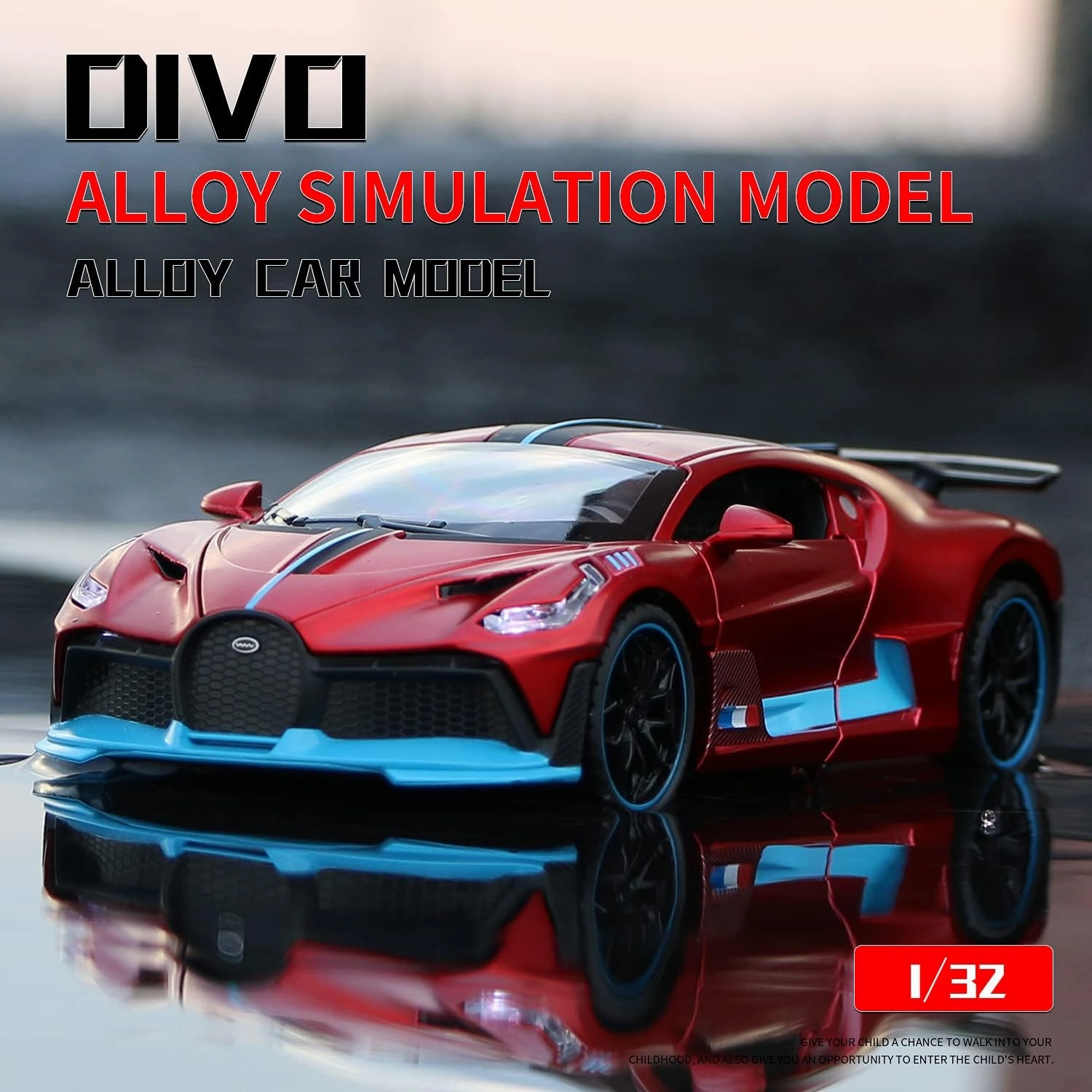 1:32 Bugatti Divo zinc Alloy Pull Back Car Diecast Electronic Toys with Lights and Music,Decorative,Mini Vehicles Toys for Kids,Boyfriend,Young Peoples Gift(RED)