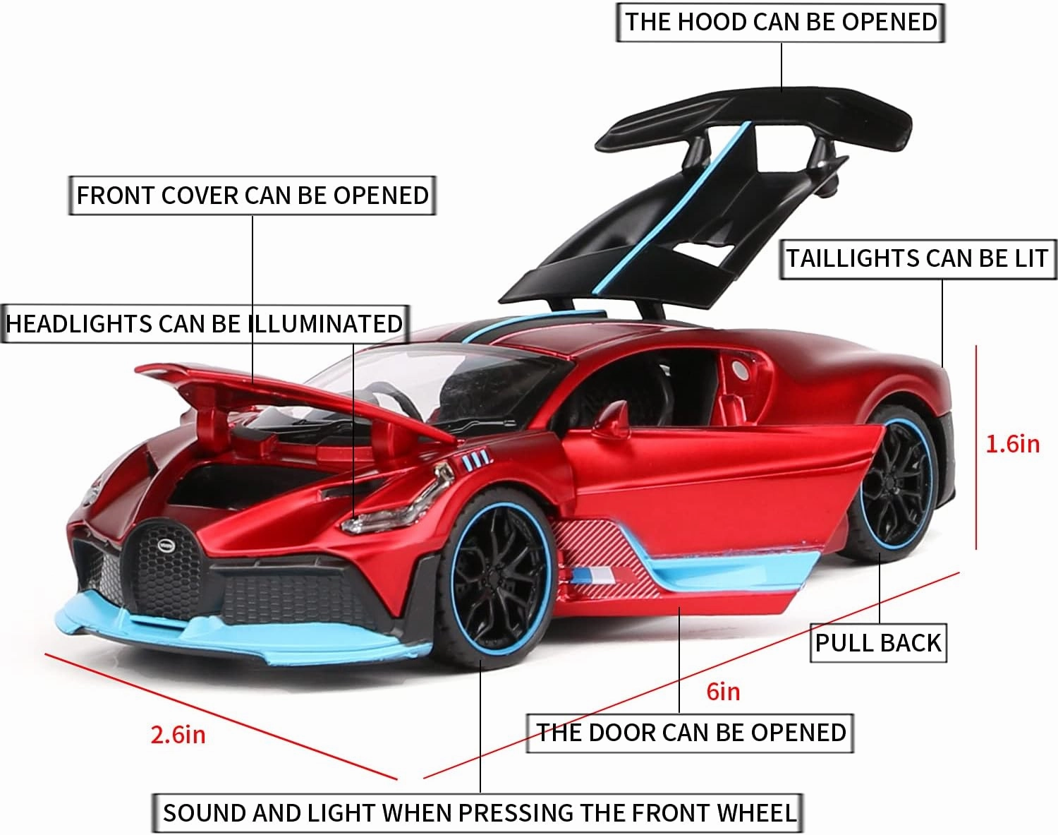 1:32 Bugatti Divo zinc Alloy Pull Back Car Diecast Electronic Toys with Lights and Music,Decorative,Mini Vehicles Toys for Kids,Boyfriend,Young Peoples Gift(RED)
