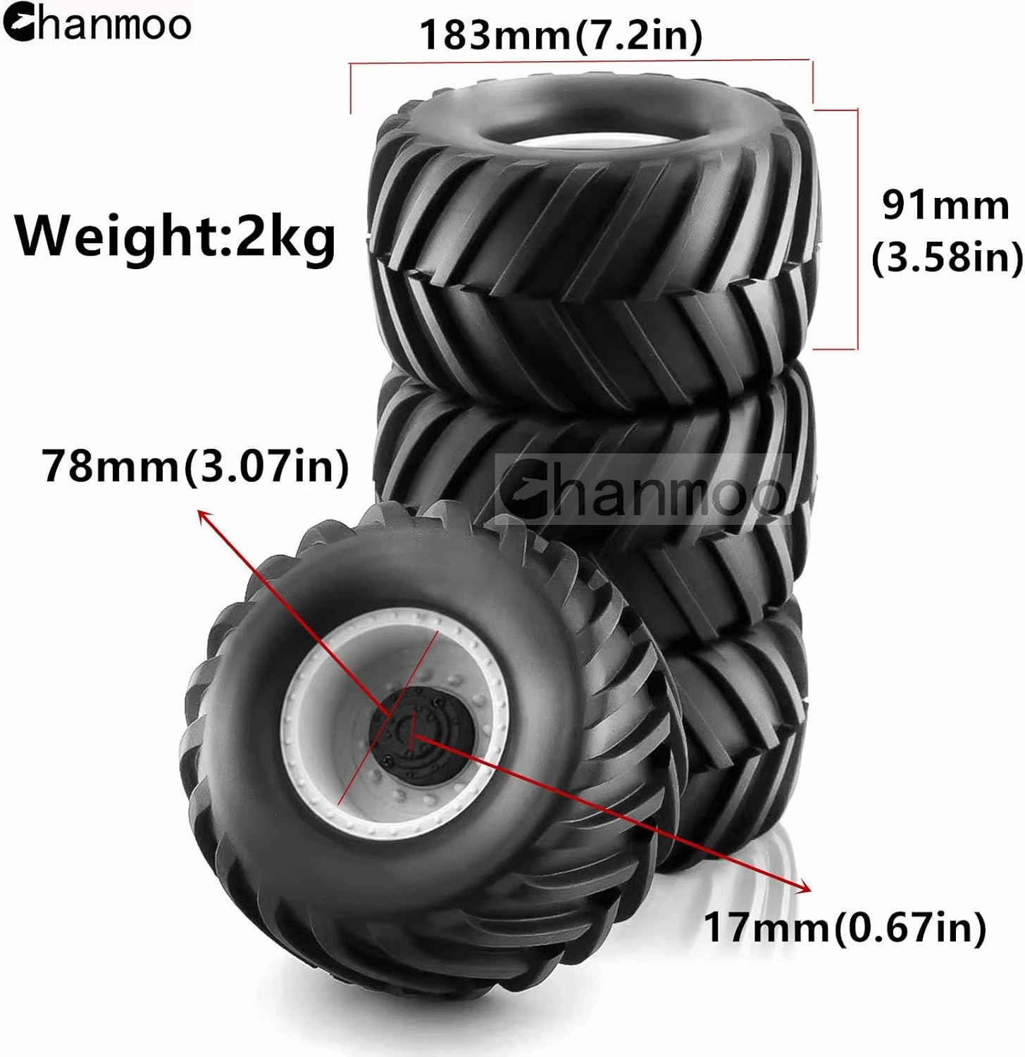 1/8 RC Monster Truck Tires and 17mm Hex Wheels Rims Rubber Buggy Tyres for 1:8 Scale Off Road Truck Car Kaiju Tmaxx E-Revo 3.3 Arrma Kraton 6S Typhon 3S Traxxas Maxx HPI Redcat 4PCS (White)
