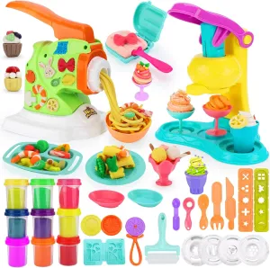 2 in 1 Color Dough Kitchen Creations Set, Ice Cream Noodle Maker Machine, Art Crafts Food Modeling Play Toys, Deluxe Tools Kit for Boys Girls Kids Toddlers Ages 3  (12 Colors Dough)