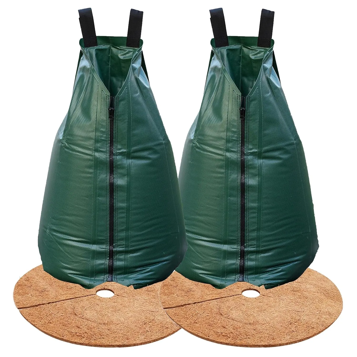 20gal Tree Watering Bag Slow Release with Coconut Fiber Mulch Ring, Deep Root&Slow Release&Automatic Drip Irrigation Watering System for Trees and Shrubs (2*Watering Bag  2* Mulch Mat)