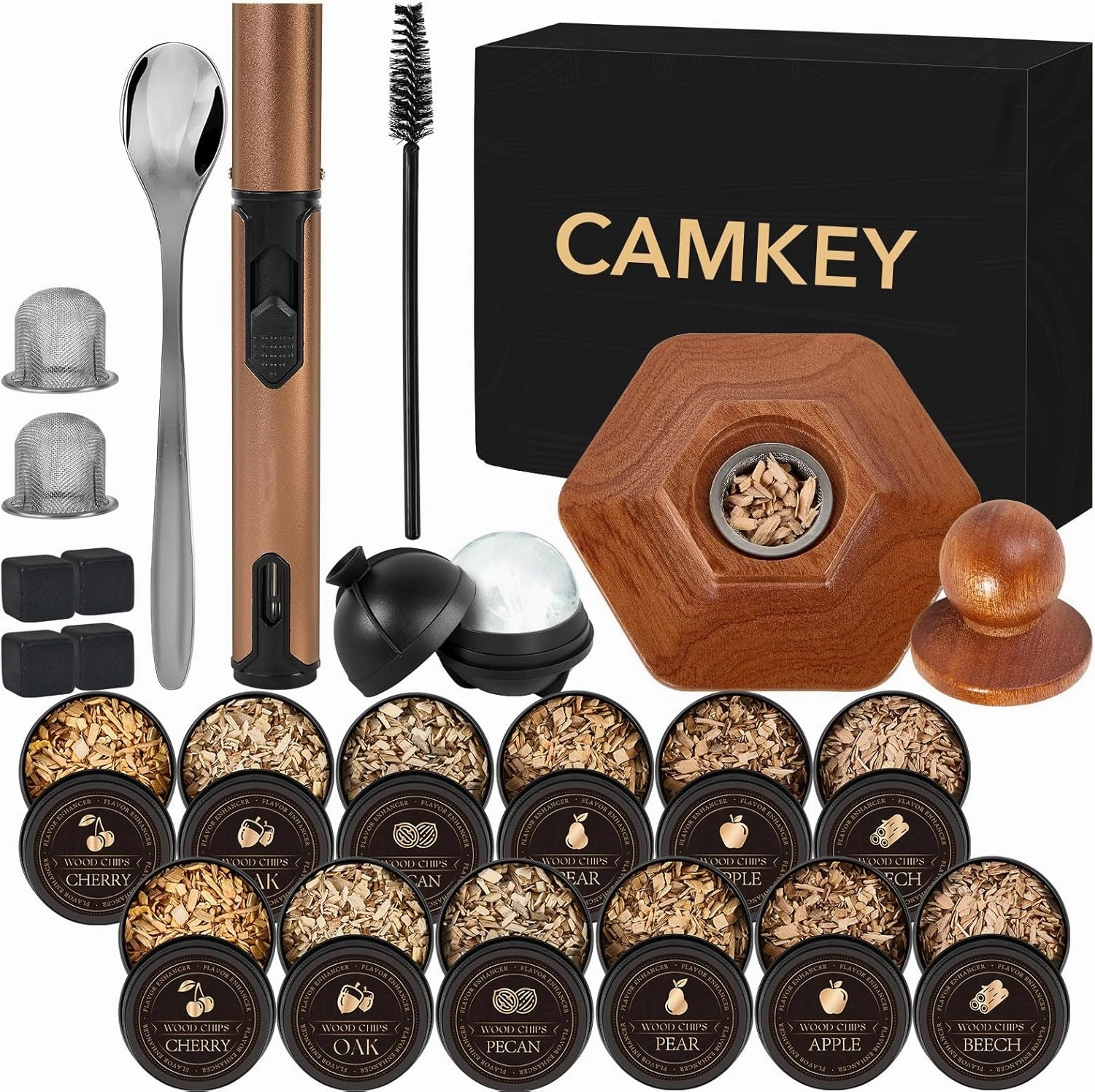 23Pcs Whiskey Smoker Kit with Torch-12 Wood Chips, Ice Ball Mold, Cocktail Smoker Infuser Kit, Old Fashioned Drink Smoker Kit, Birthday Bourbon Whiskey Gifts for Men,Husband,Dad,Him