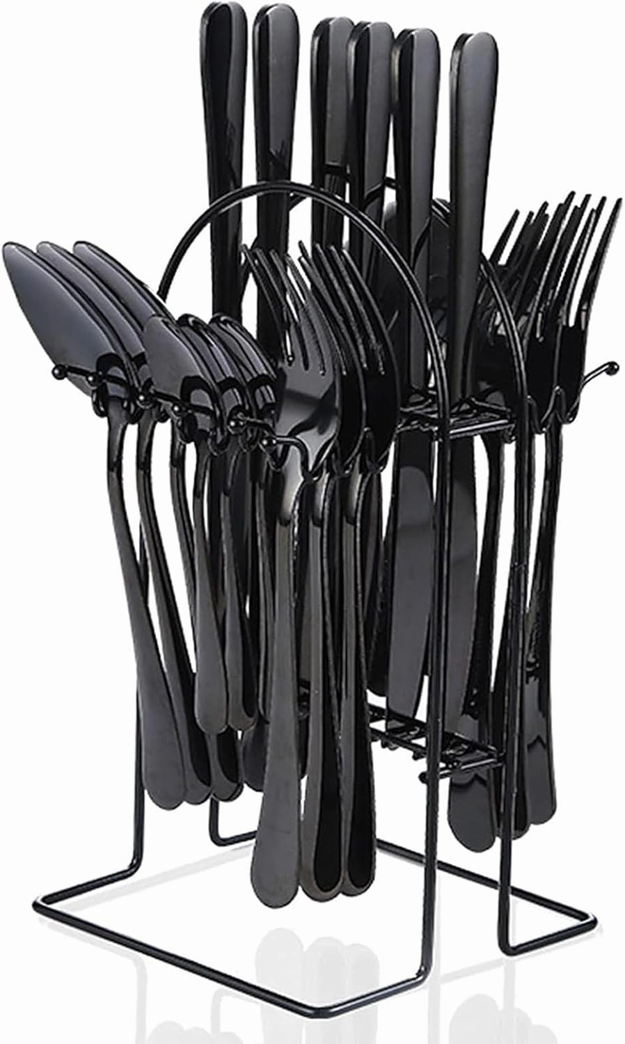 24 Piece Hanging Flatware Set, Stainless Steel Utensils Set with Stand,Eating Tableware Set Include Fork Knife Spoon Set,Cutlery Set Service for 6,Dishwasher Safe (Black)