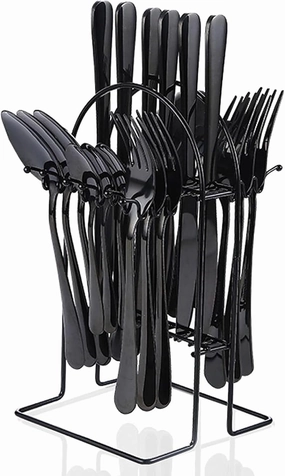 24 Piece Hanging Flatware Set, Stainless Steel Utensils Set with Stand,Eating Tableware Set Include Fork Knife Spoon Set,Cutlery Set Service for 6,Dishwasher Safe (Black)
