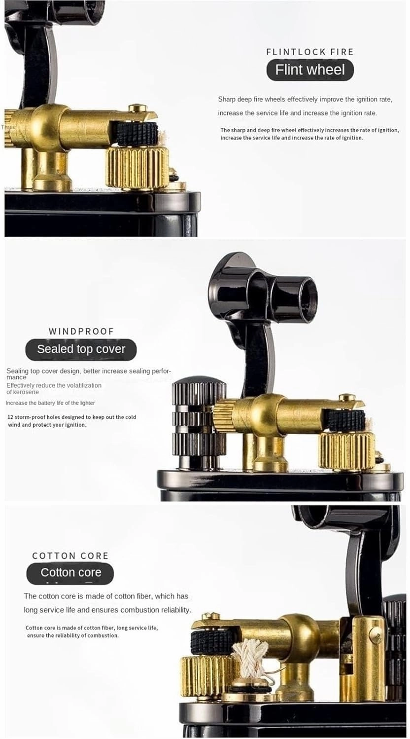 2 in 1 Vintage Kerosene Lighter Permanent Match Lighter Trench Lighter Soft Flame Antique Rocker Arm Flint Wheel Kerosene Lighter with Permanent Match Smoking Gift for Men and Women(Gold)