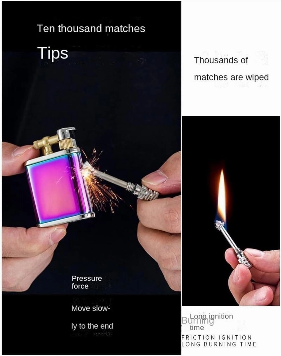 2 in 1 Vintage Kerosene Lighter Permanent Match Lighter Trench Lighter Soft Flame Antique Rocker Arm Flint Wheel Kerosene Lighter with Permanent Match Smoking Gift for Men and Women(Gold)