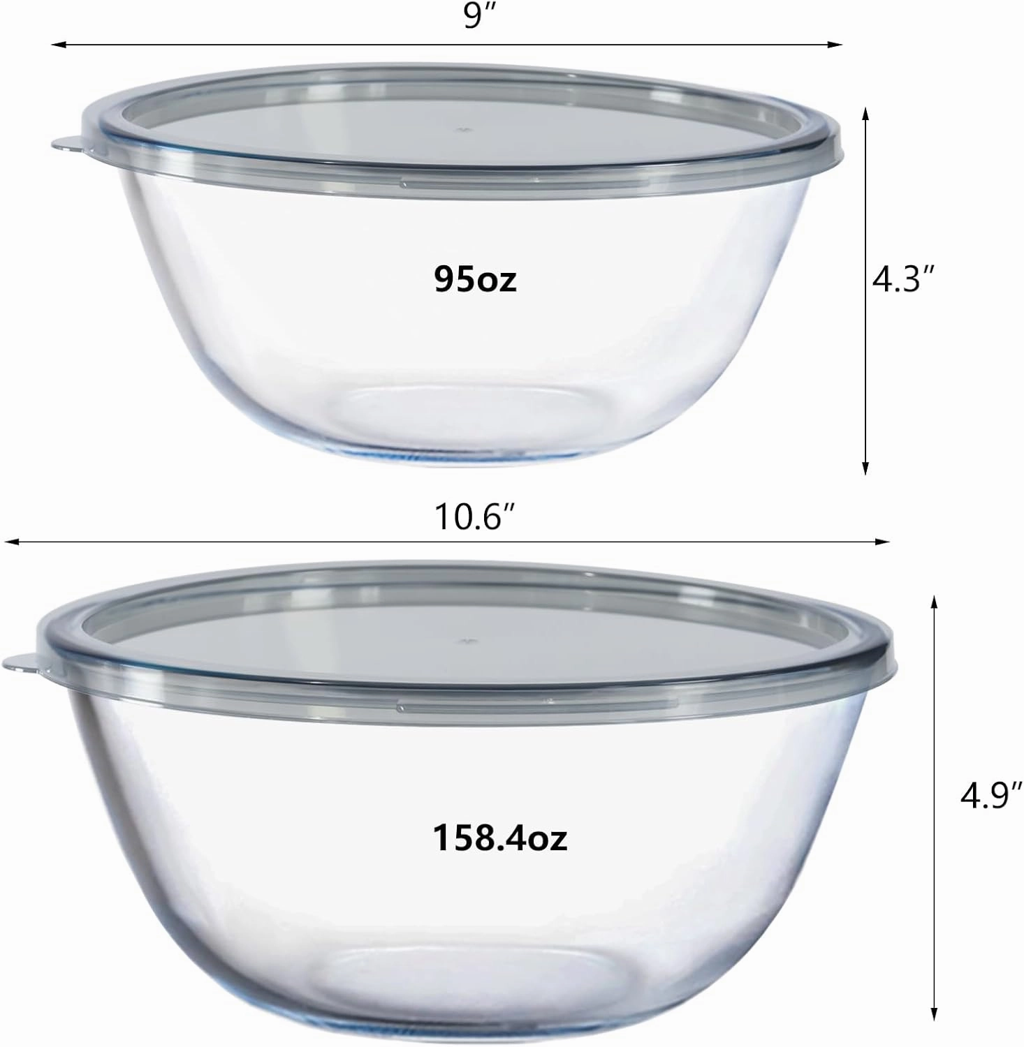 2-Pack Glass Mixing Bowls (2.85 QT, 4.76 QT) with BPA-Free Lids, Prepping and Baking Food Storage Set, Dishwasher, Microwave and Freezer Safe (2700 4500ML)