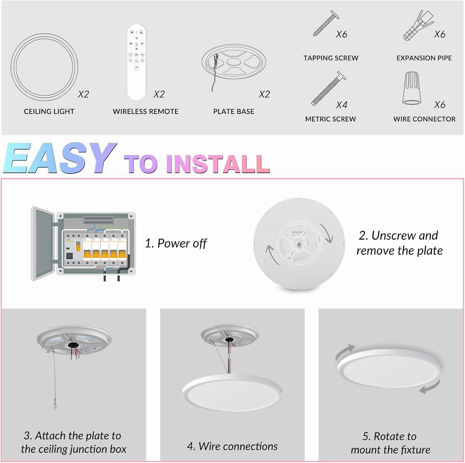 2 Pack Smart RGB LED Ceiling Light with Remote, 12" WiFi Flush Mount Ceiling Light Works with Alexa & Google Home, 24W=2400LM Dimmable, DIY Colors & 2700K-6500K, for Bedroom Living Room