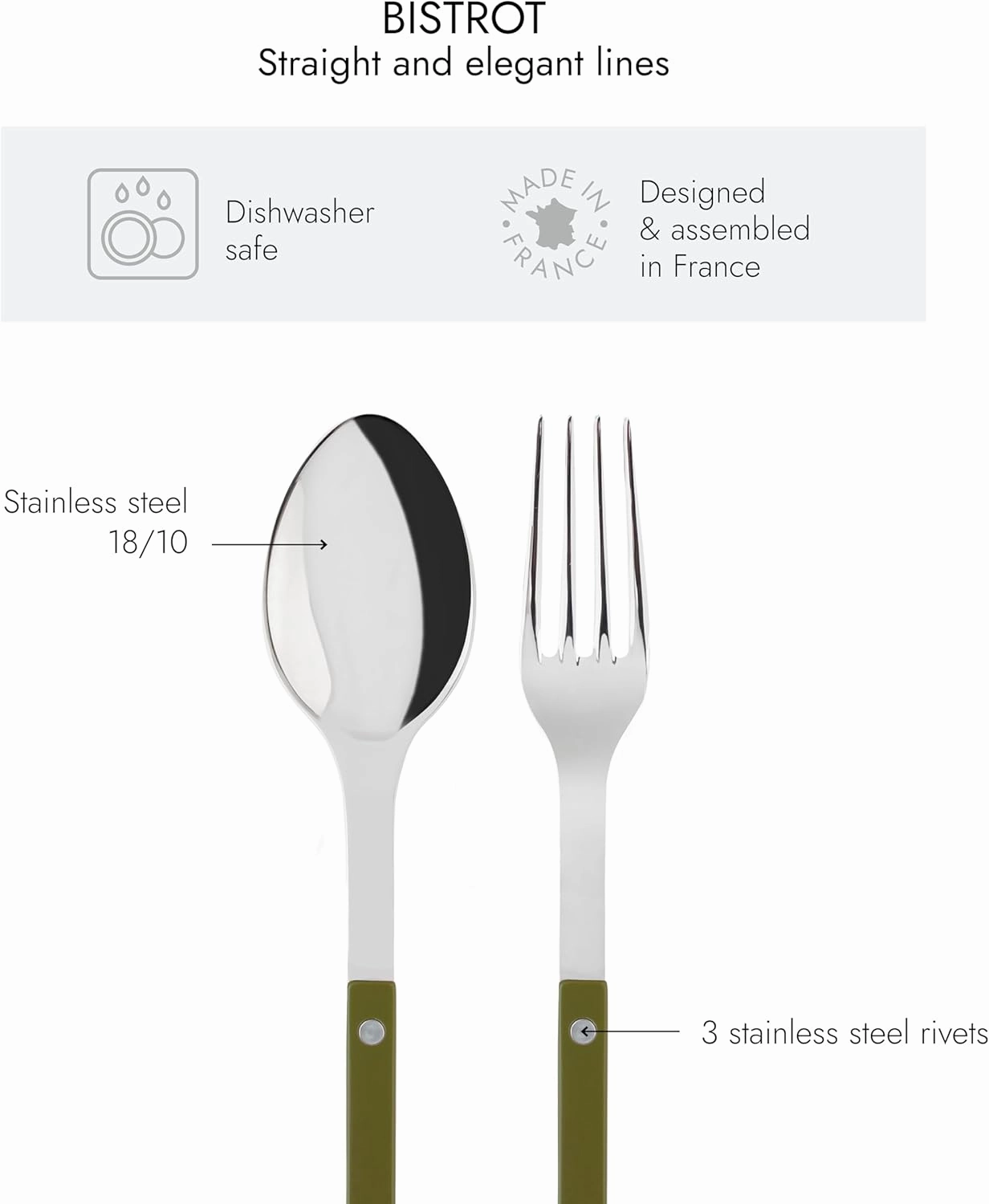 2-Piece Serving Set - Bistrot Collection - Large Fork & Large Spoon - Stainless Steel & Nylon - Dishwasher Safe - Fern Green - Brilliant Finish