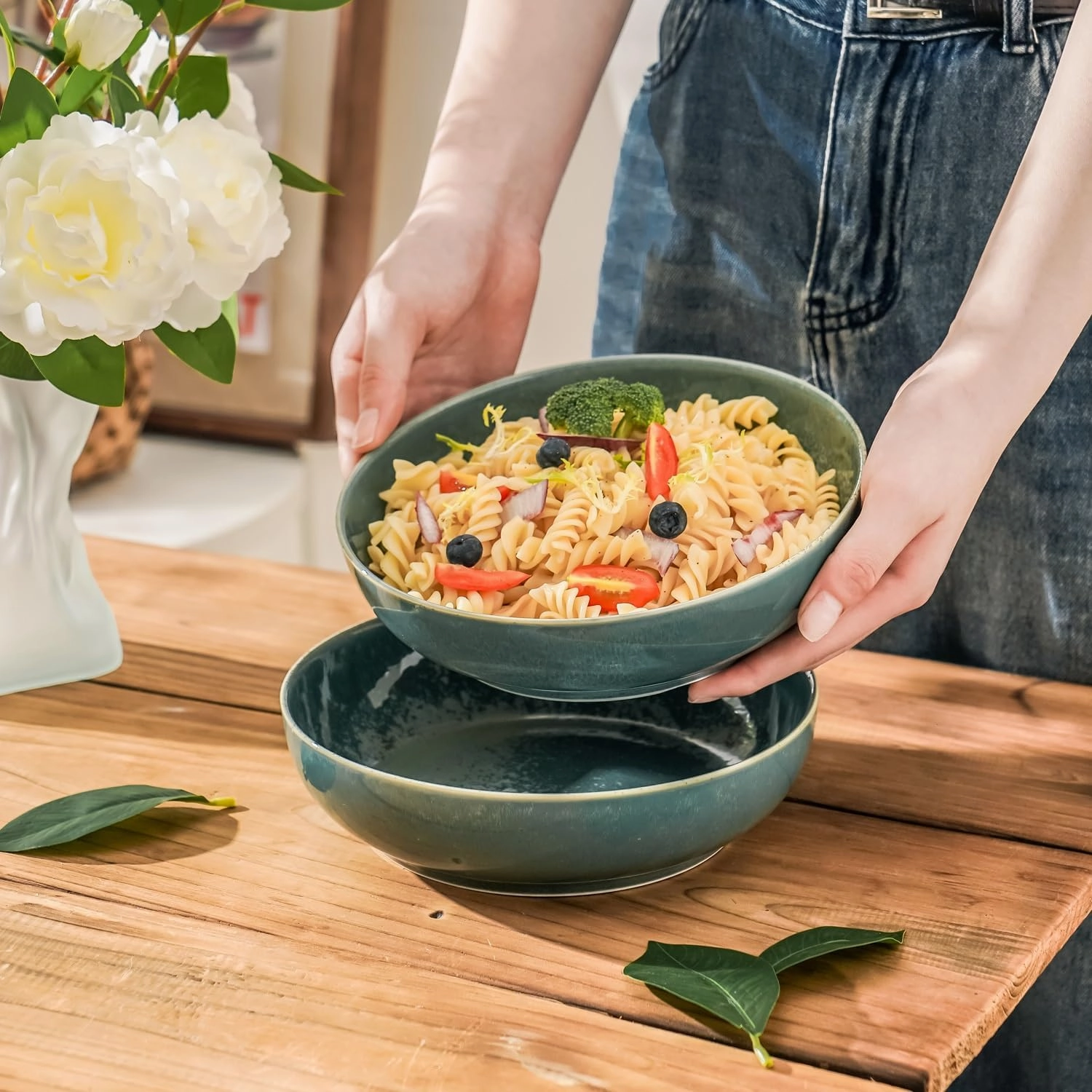30oz Pasta bowls set - 8" serving bowls - salad bowl set of 4 - Large ceramic Dinner bowls - Microwave safe Perfect for Housewarming, Thanksgiving, Christmas