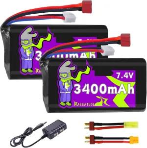 3400mAh 7.4V Li-ion Battery with Dean-Style T/XT30/MINI Tamiya Plug,2S Rechargeable High Capacity RC Batteries Fit for WLtoys 4WD Speed RC Cars Most 1/10, 1/12, 1/16 Scale RC Trucks